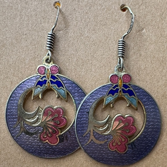 Jewelry - Cloisonné Floral Drop Earrings in Purple and Pink